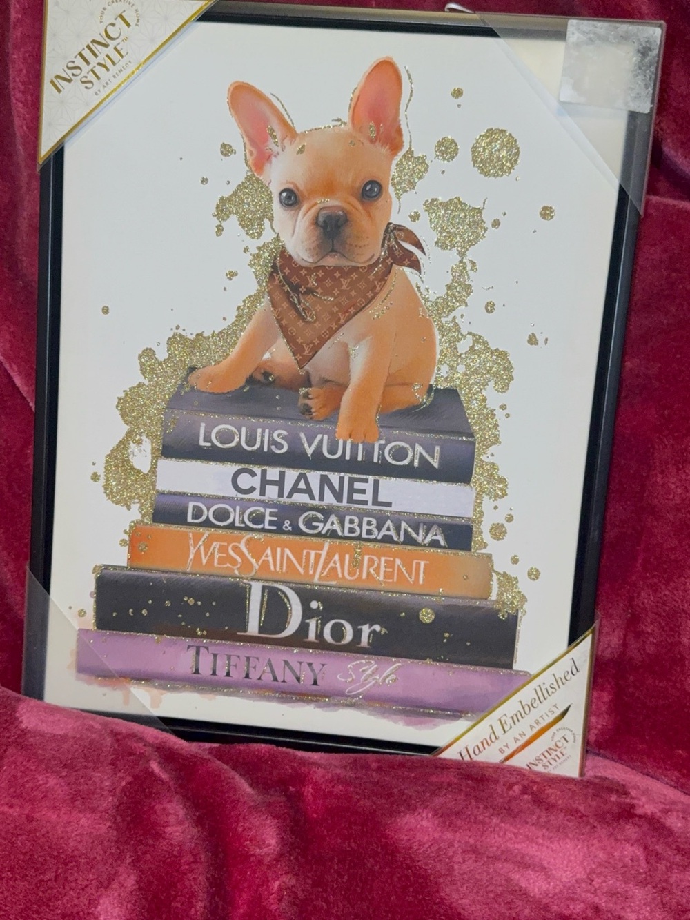 French Bulldog Designer Fashion Books Wall Art Glitter Framed Print